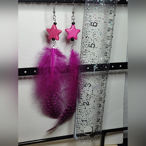 Handmade Pink Glass Star Earrings with Feathers - Picture 8 of 8